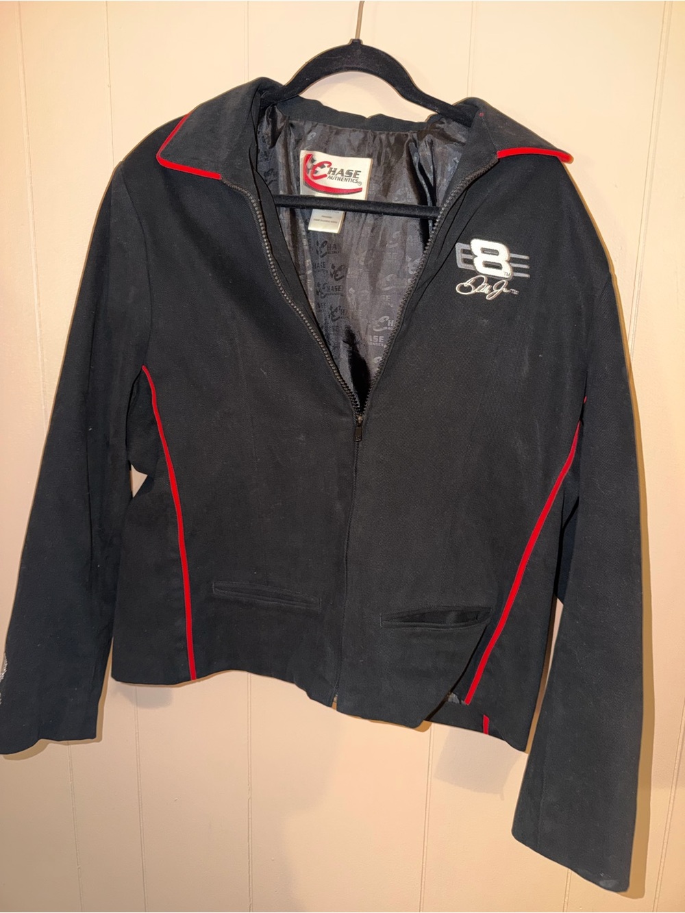 Chase Authentics Dale Earnhardt Jr Black Bomber Jacket with Red Piping